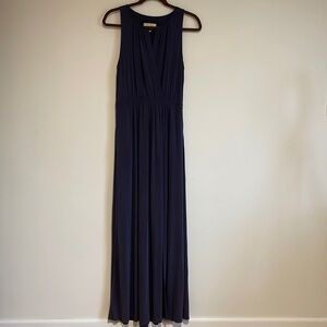 Moulinette Soeurs Maxi Dress Small Slinky Slit Long Sleeveless Pleated Dark Blue